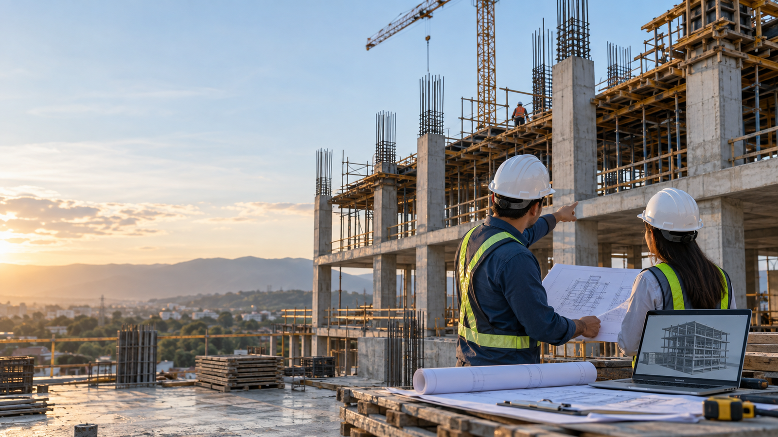 Profesionales de ingeniería revisando planos en una estructura de concreto